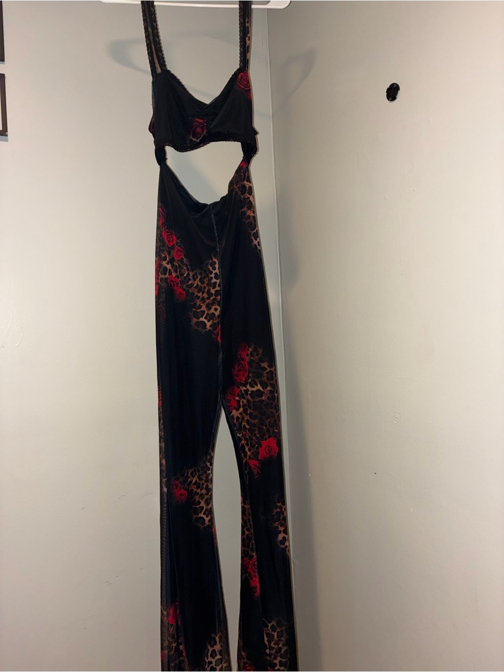 Fashion Nova Black Cutout Jumpsuit with Red Rose & Leopard Print